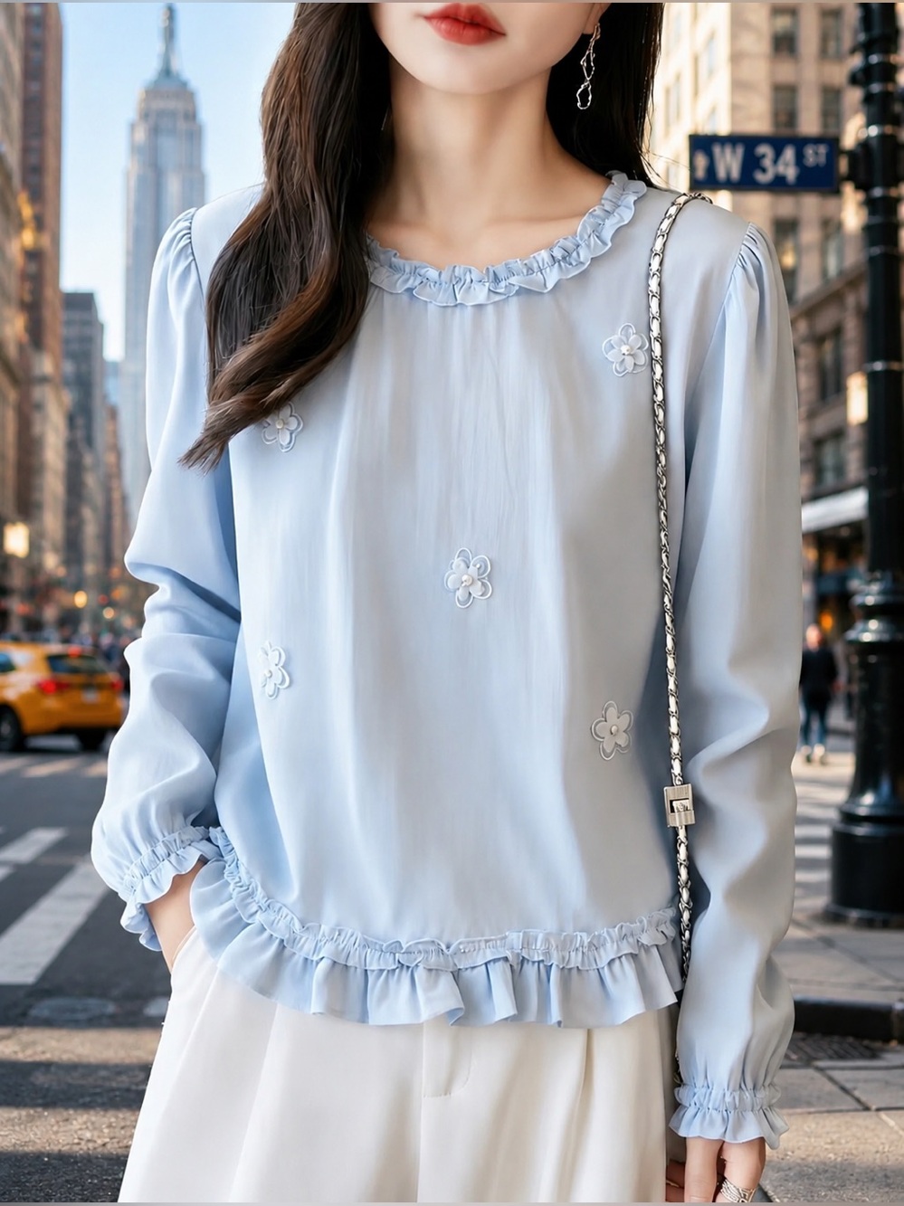 Astrid Feminine Baby Blue Ruffle Blouse Floral Appliqué Buttons in Back NWT